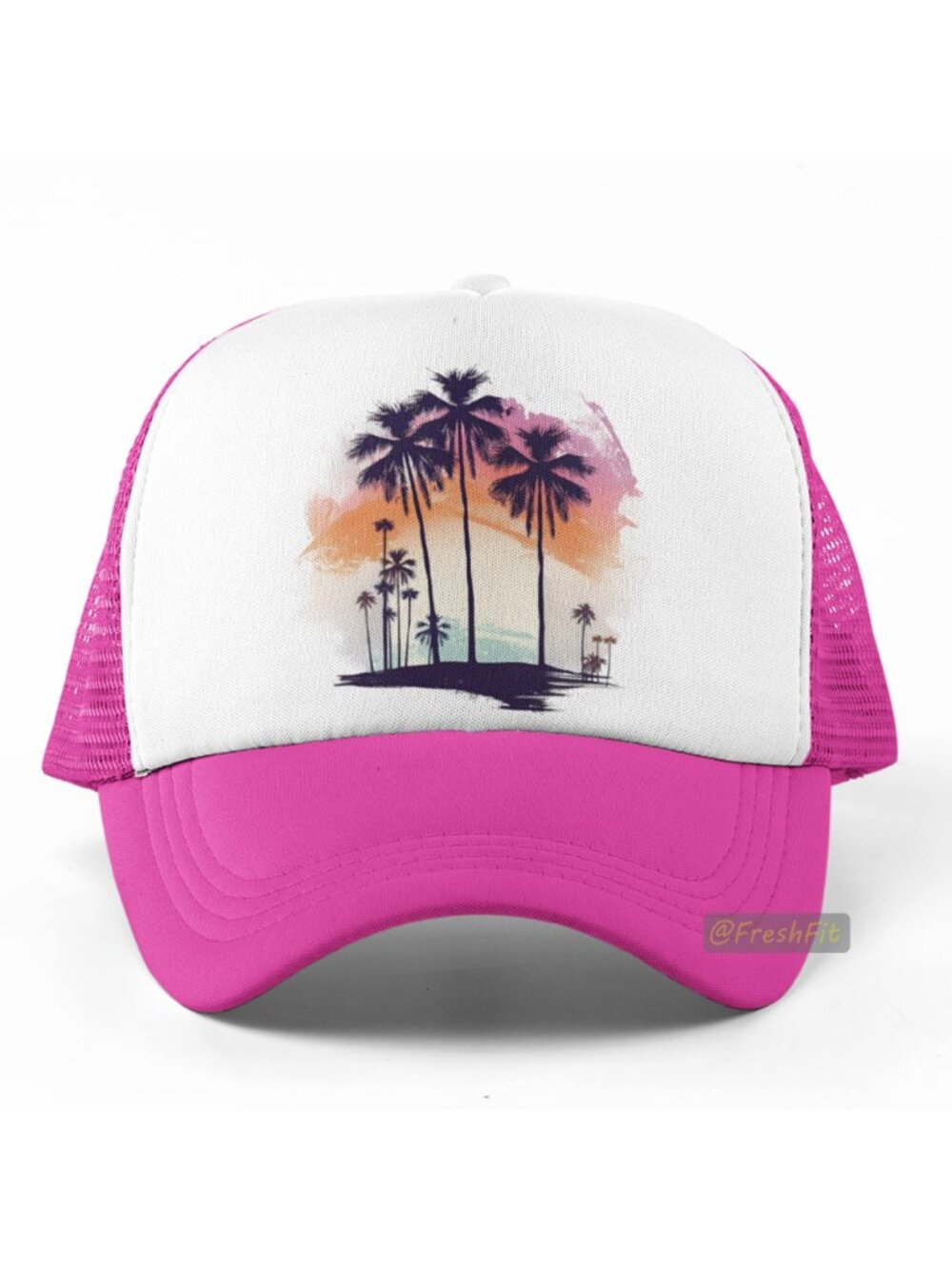 🆕Tropical Sunset Watercolor Foam Trucker Hat Mesh Snapback Cap Hot Pink/White